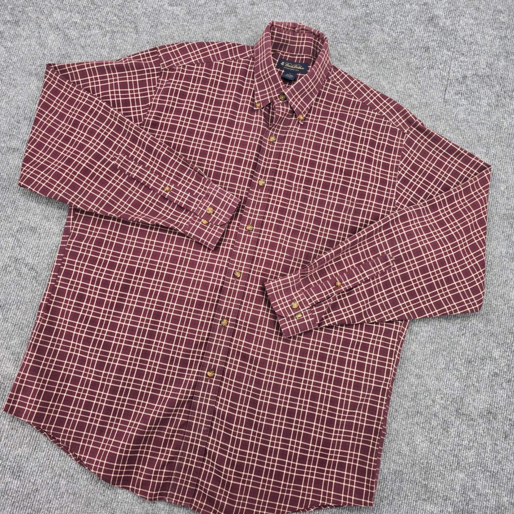 Brooks Brothers Mens Large Burgundy Grid Non-Iron 100% Cotton Button Down Shirt
